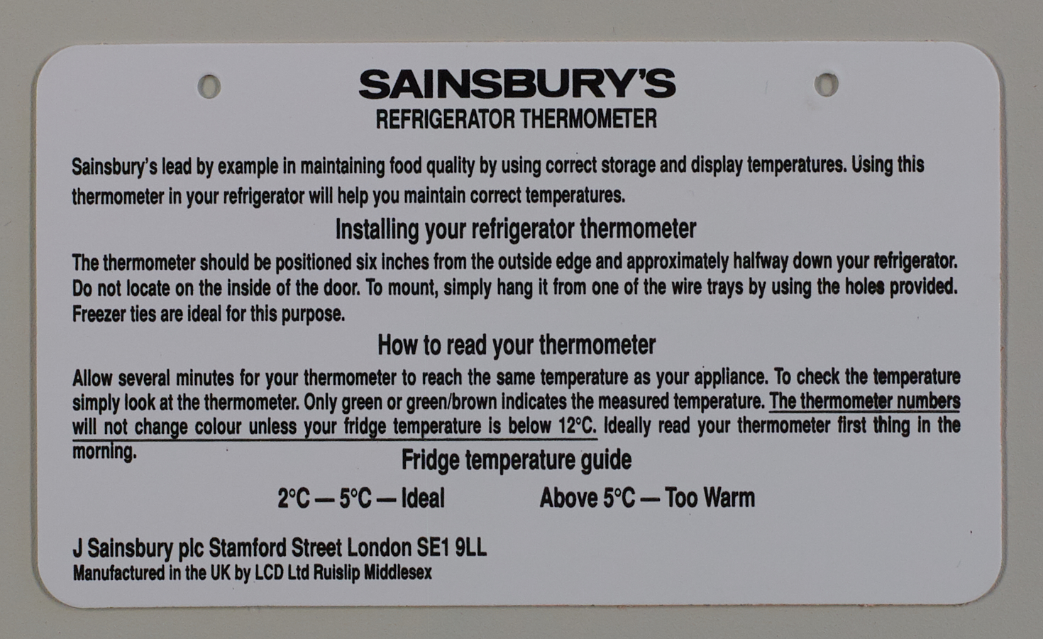 "Sainsbury's Everyone's favourite ingredient" fridge thermometer SA