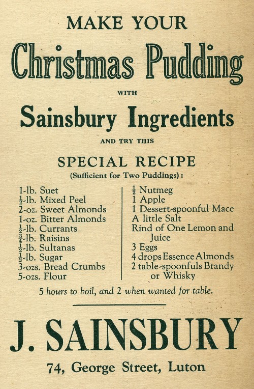SA/MARK/ADV/1/1/1/1/1/10/11 - "Make Your Christmas Pudding With Sainsbury Ingredients" advertisement for 74 George Street, Luton branch