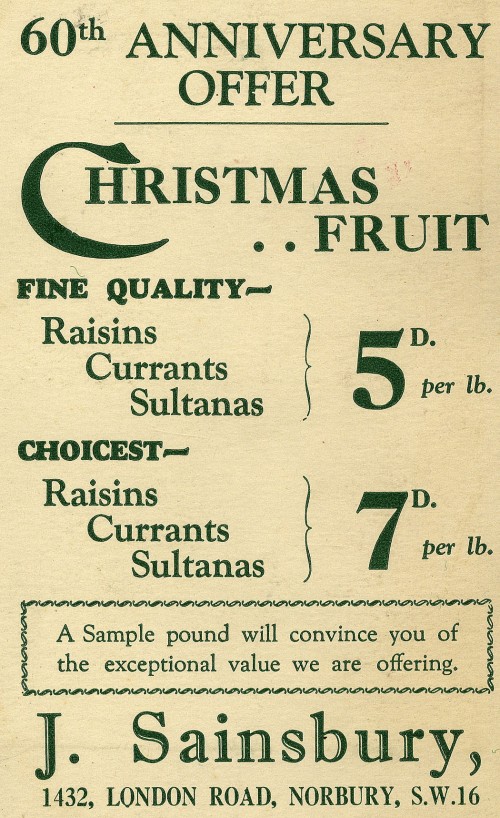 SA/MARK/ADV/1/1/1/1/1/10/20 - "60th Aniversary Offer: Christmas Fruit" advertisement for Norbury branch