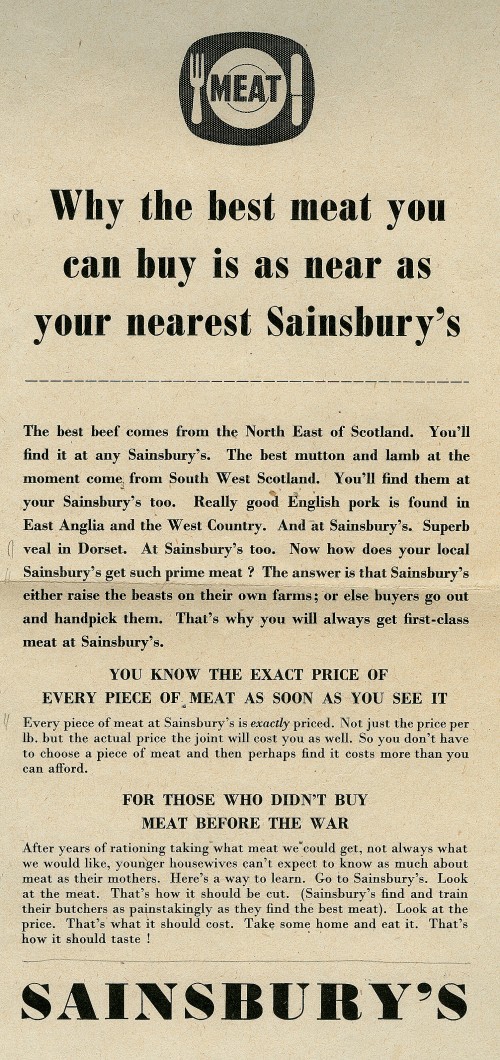 SA/MARK/ADV/1/1/1/1/1/19/1 - "Why the best meat you can buy is as near as your local Sainsbury's" proof of advertisement, Sep 1954