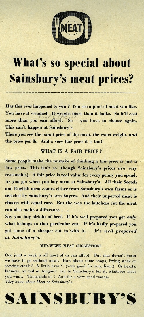 SA/MARK/ADV/1/1/1/1/1/19/3 - "What's so special about Sainsbury's meat prices?" proof of advertisement