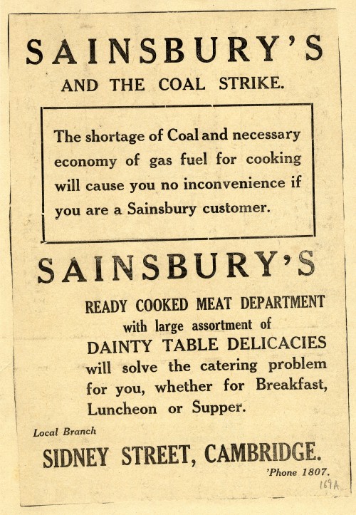 SA/MARK/ADV/1/1/1/1/1/6/9/35 - "Sainsbury's and the Coal Strike" press advertisement for Sidney Street, Cambridge store