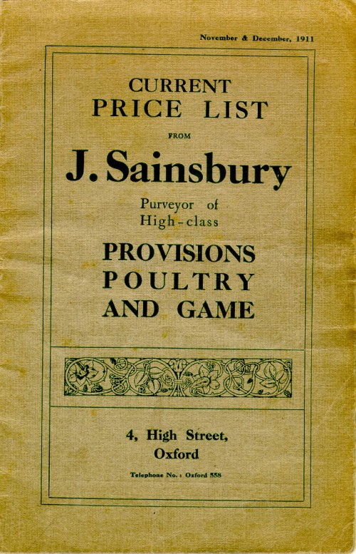 SA/MARK/ADV/3/3/1/1 - 'Current Price List from J. Sainsbury, purveyor of High Class Provisions Poultry and Game', Nov-Dec 1911