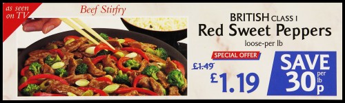 SA/MARK/ADV/2/1/16/195 - "British Class I Red Sweet Peppers" barker card (shelf edge label)