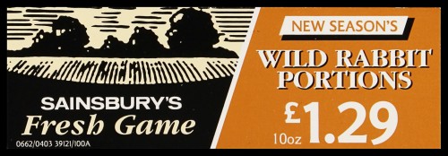 SA/MARK/ADV/2/1/17/55 - "Sainsbury's Fresh Game: New Season's Wild Rabbit Portions &pound;1.29 10oz" barker card (shelf edge label)