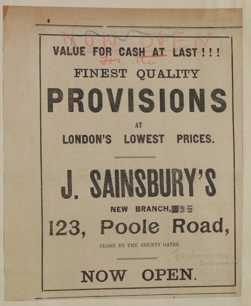 SA/MARK/ADV/1/1/1/1/1/6/1/132 - Newspaper advert for new branch opening, Poole Road, 1912