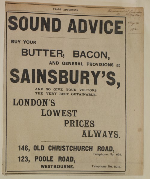 SA/MARK/ADV/1/1/1/1/1/6/1/146 - 'Sound Advice' newspaper advert for Butter, Bacon and General Provisions, 1912