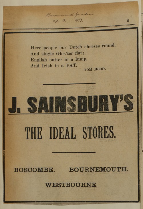 SA/MARK/ADV/1/1/1/1/1/6/1/159 - 'J. Sainsbury's The Ideal Stores' cheese and butter advert, 1913