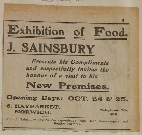 SA/MARK/ADV/1/1/1/1/1/6/1/184 - Newspaper advert from The Norwich Mercury, Food Exhibition at New Premises, Open Day, 1913