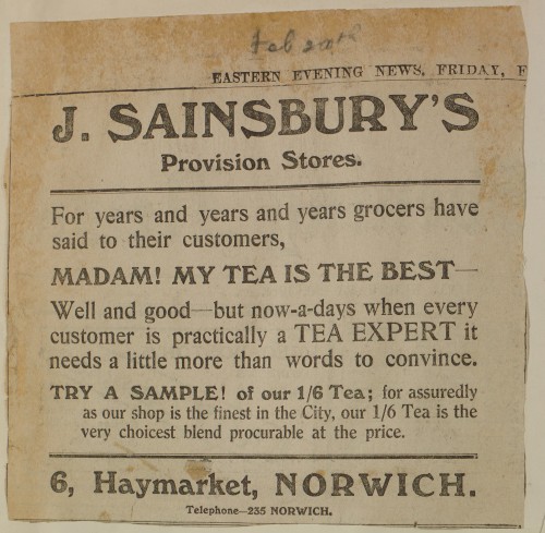 SA/MARK/ADV/1/1/1/1/1/6/1/198 - Newspaper advert for Tea from The Eastern Evening News, 1914