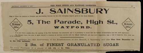 SA/MARK/ADV/1/1/1/1/1/6/1/63 - Newspaper advert anniversary of Watford branch offer of Sugar, 1910