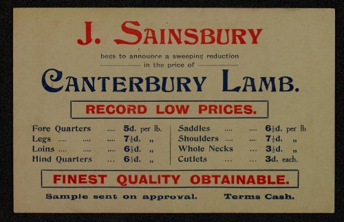 SA/MARK/ADV/1/1/1/1/1/6/1/66 - Postcard advert for Lamb at reduced price, 1910