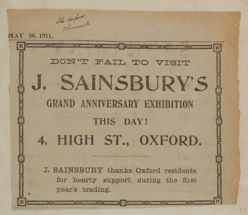 SA/MARK/ADV/1/1/1/1/1/6/1/97 - Newspaper advert 'Grand anniversary exhibition of the Oxford store', 1911