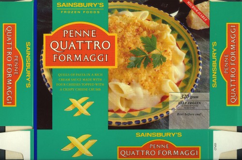 SA/PKC/PRO/1/10/2/2/11/1 - Sainsbury's Frozen Foods Penne Quattro Formaggi packaging, 1990s