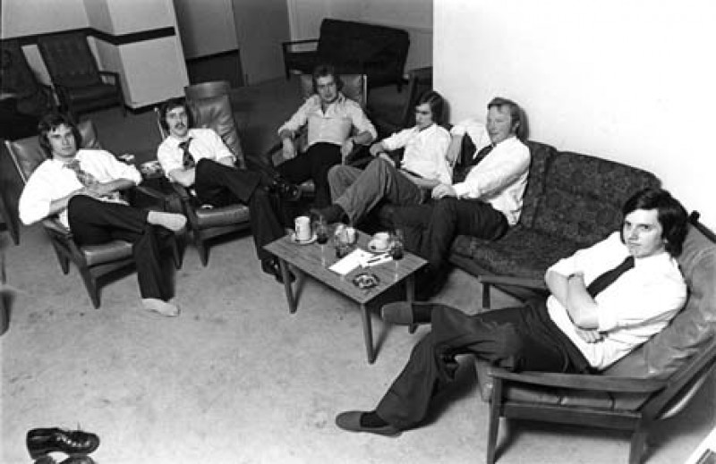 SA/BR/7/IMA/1/1 - Photograph of male staff relaxing in the lounge at Wood Green hostel 1975