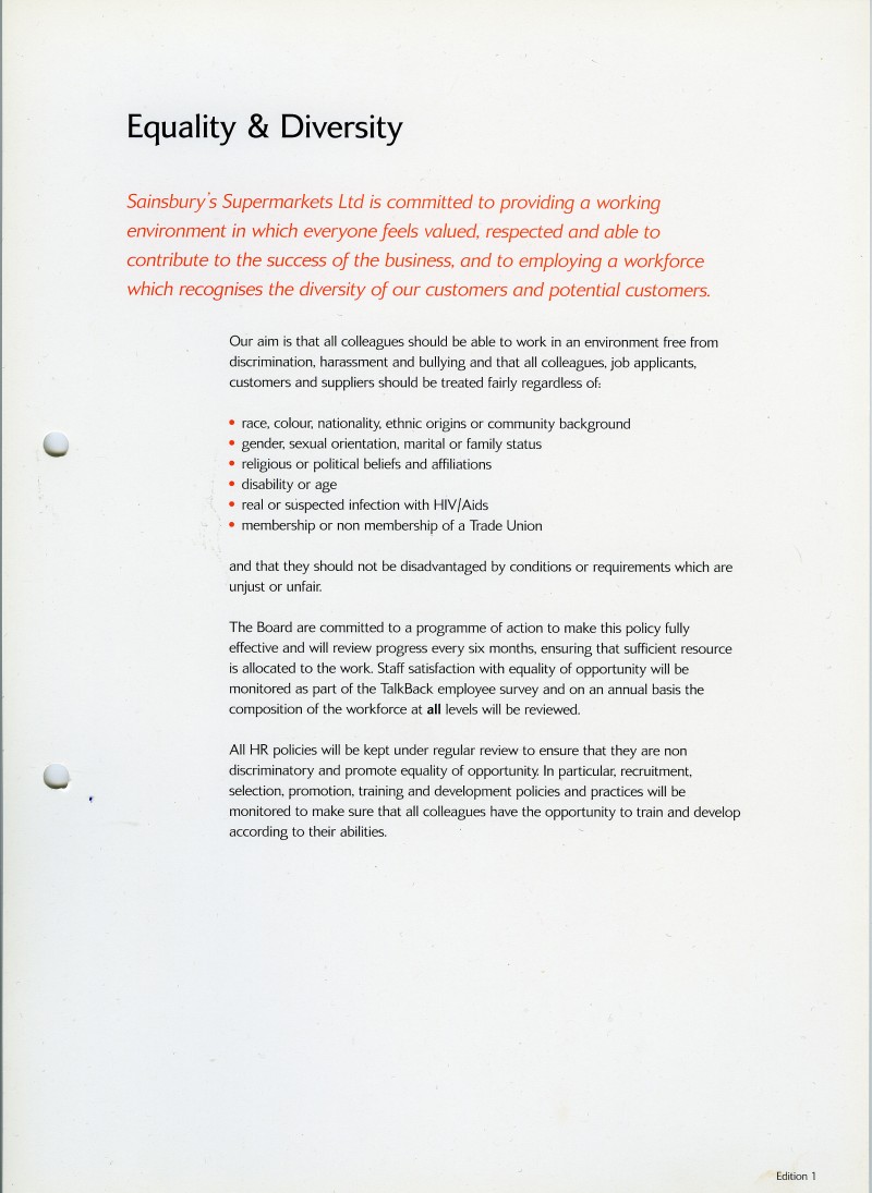 "Induction" Sainsbury's Supermarkets induction file SA/EMP/1/11/2