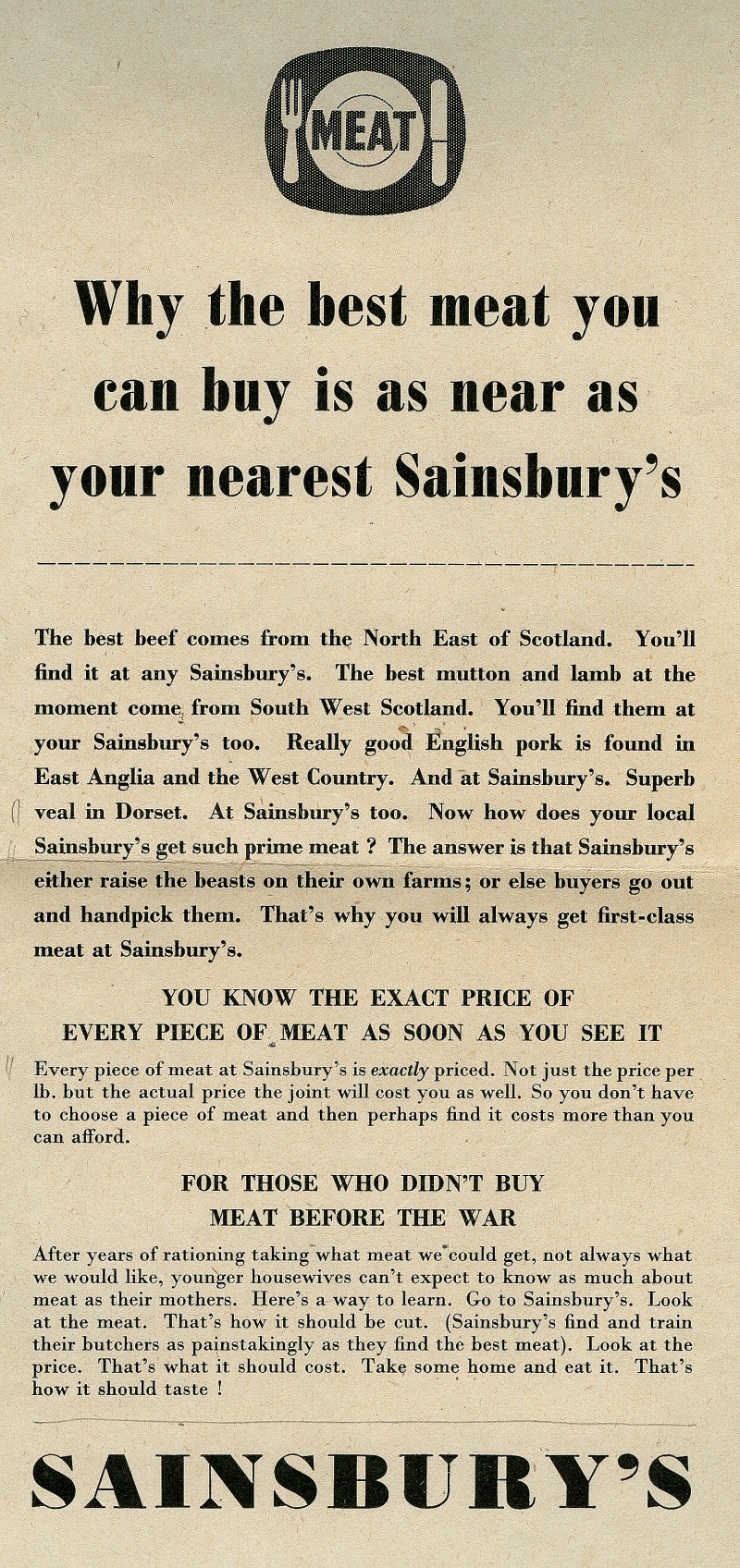 SA/MARK/ADV/1/1/1/1/1/19/1 - "Why the best meat you can buy is as near as your local Sainsbury's" proof of advertisement, Sep 1954