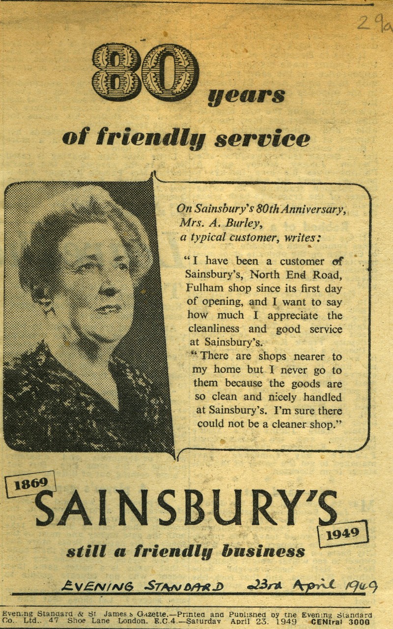 SA/MARK/ADV/1/1/1/1/5/1/99 - "80 Years of friendly service at Sainsbury's" newspaper advertisement