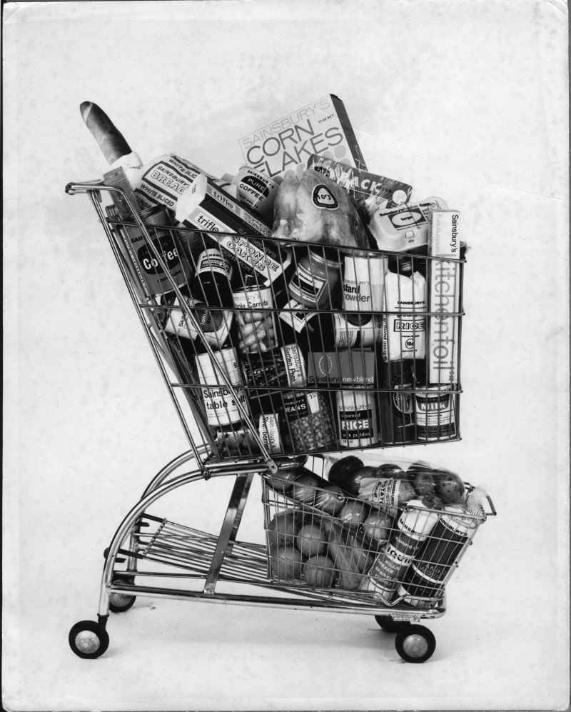 SA/PKC/PAC/8/1/1 - Photograph of a trolley filled with various Sainsbury's own brand products, 1960s