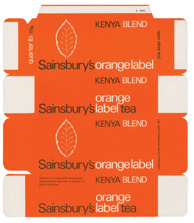 SA/PKC/PRO/1/11/2/3/13/1 - Sainsbury's Orange Label Tea Kenya Blend quarter lb 113g packet, 1960s-1970s