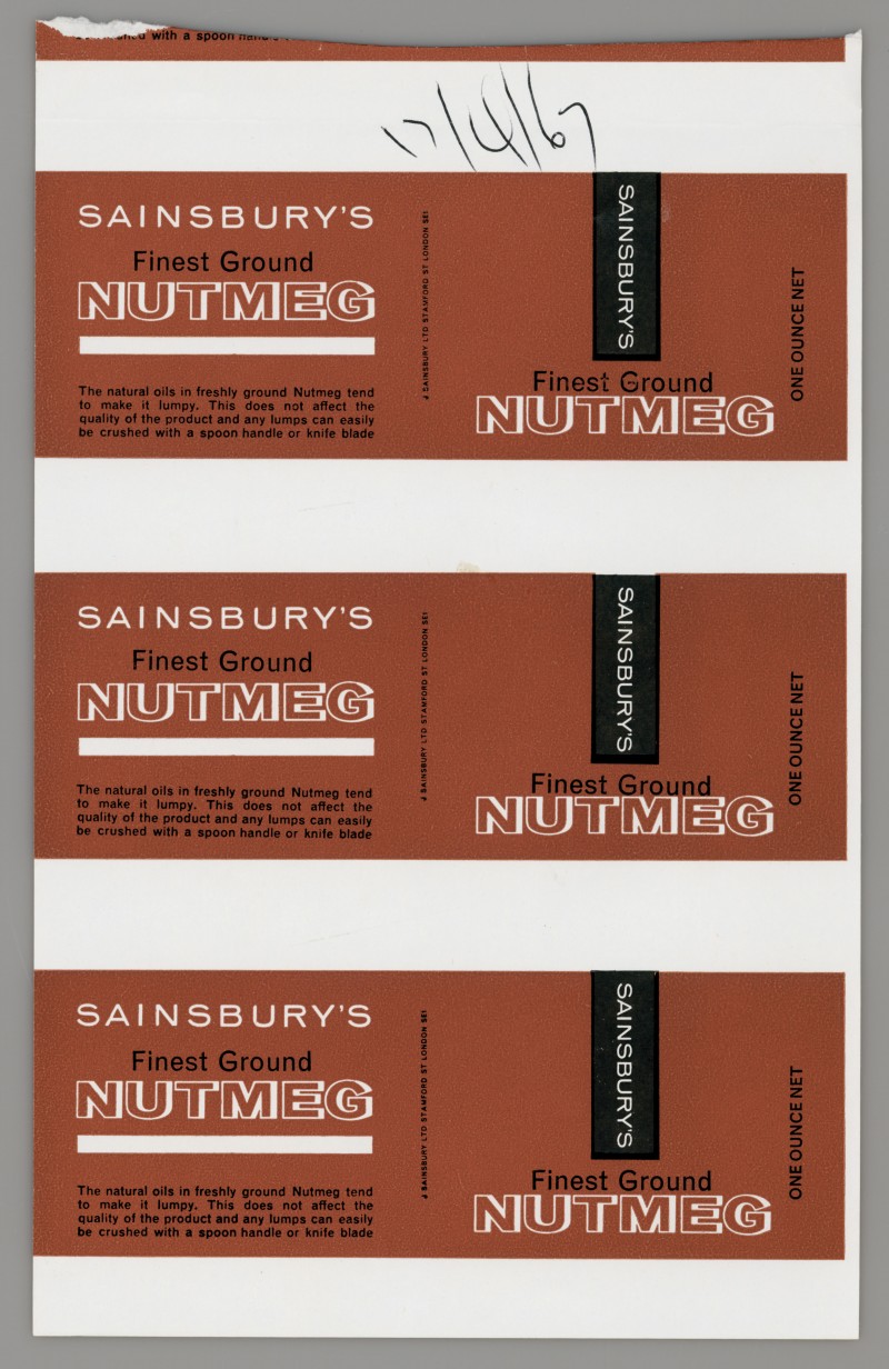 SA/PKC/PRO/1/14/2/2/27/1 - Sainsbury's Finest Ground Nutmeg one ounce proof of labels, 1967