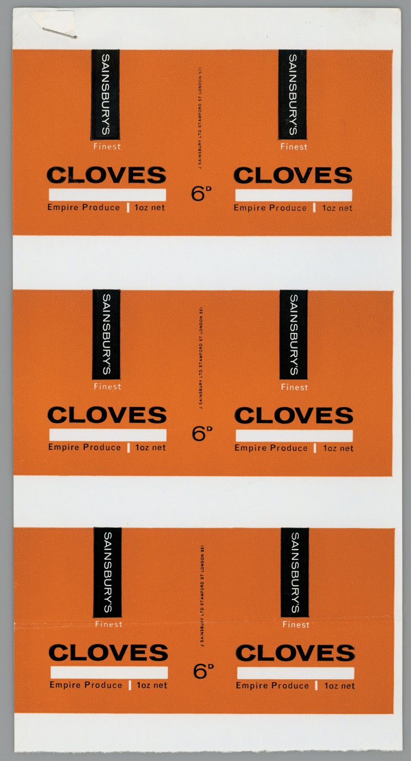 SA/PKC/PRO/1/14/2/2/29/1 - Sainsbury's Finest Cloves 1oz proof of labels 6D, 1965
