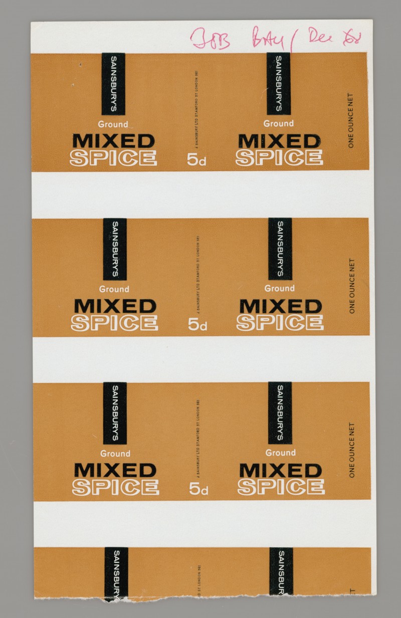 SA/PKC/PRO/1/14/2/2/51/1 - Sainsbury's Ground Mixed Spice proof of labels, 1968