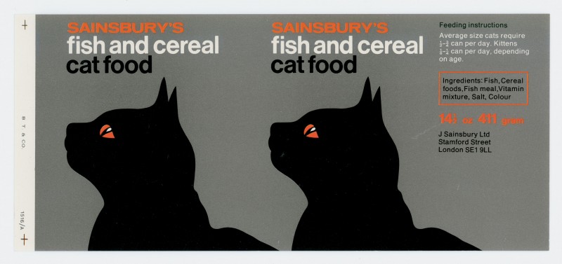 SA/PKC/PRO/1/15/2/7/1 - Sainsbury's Fish and Cereal Cat Food 14½ oz 411 gram label, 1970s-1980s