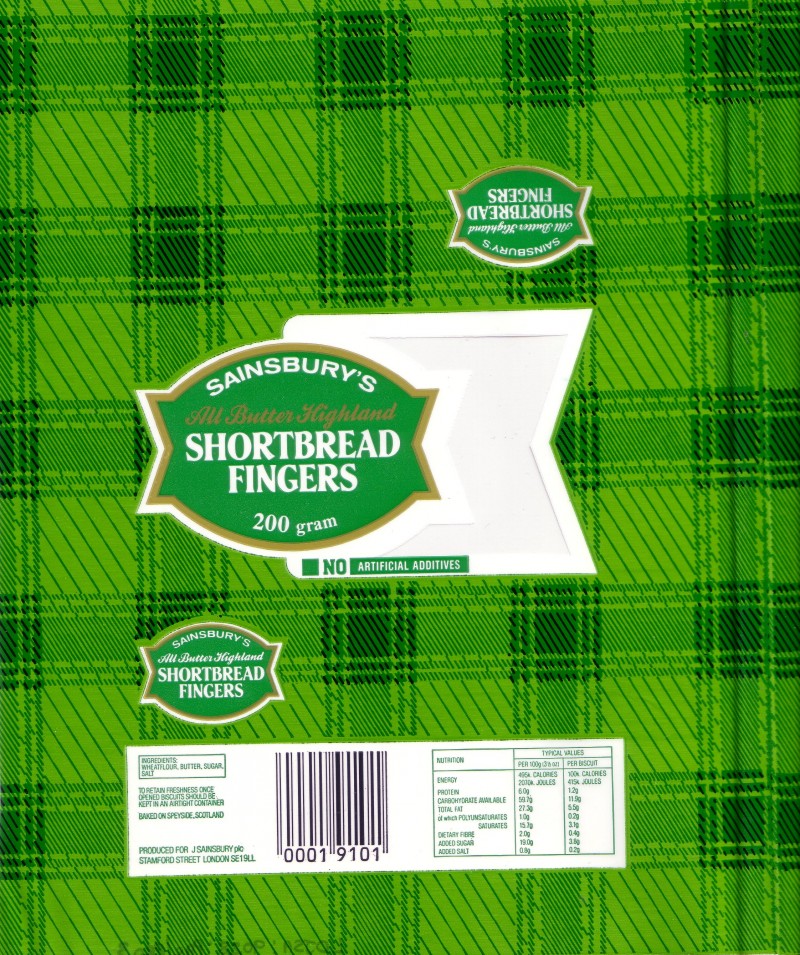 SA/PKC/PRO/1/2/2/3/11 - Sainsbury's All Butter Highland Shortbread Fingers packaging
