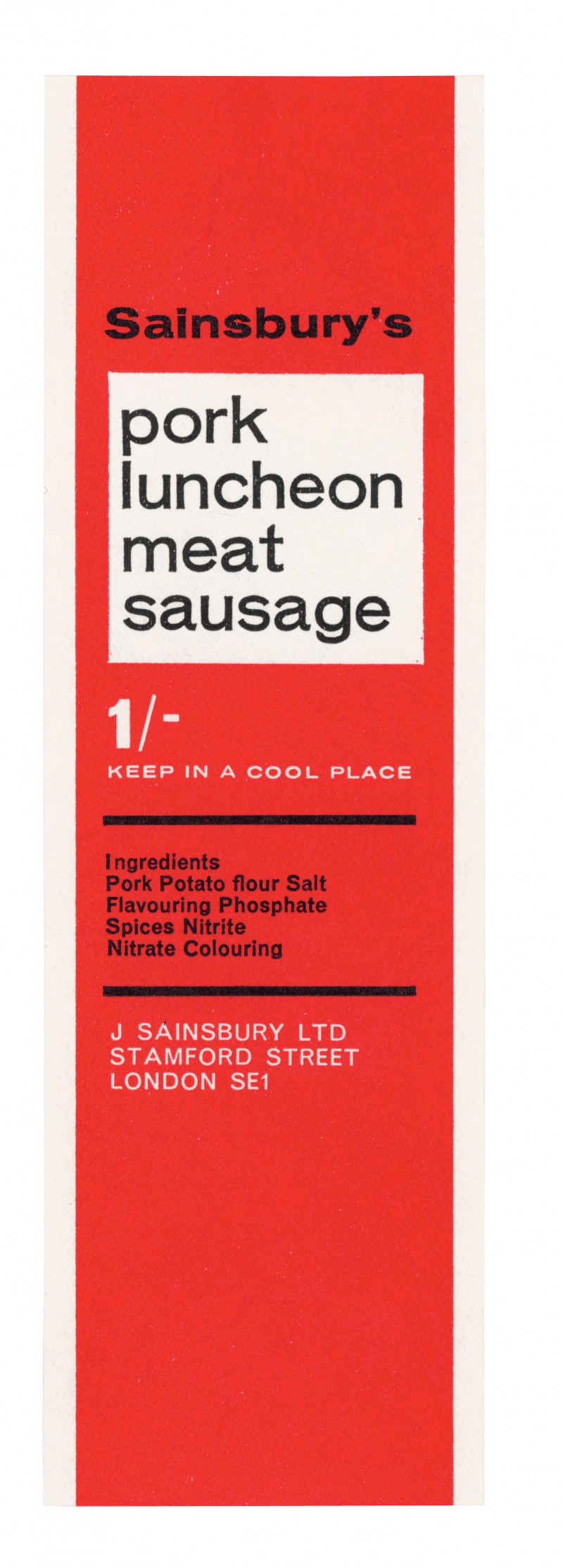 SA/PKC/PRO/1/5/2/4/36/1 - Sainsbury's Pork Luncheon Meat Sausage label, 1965