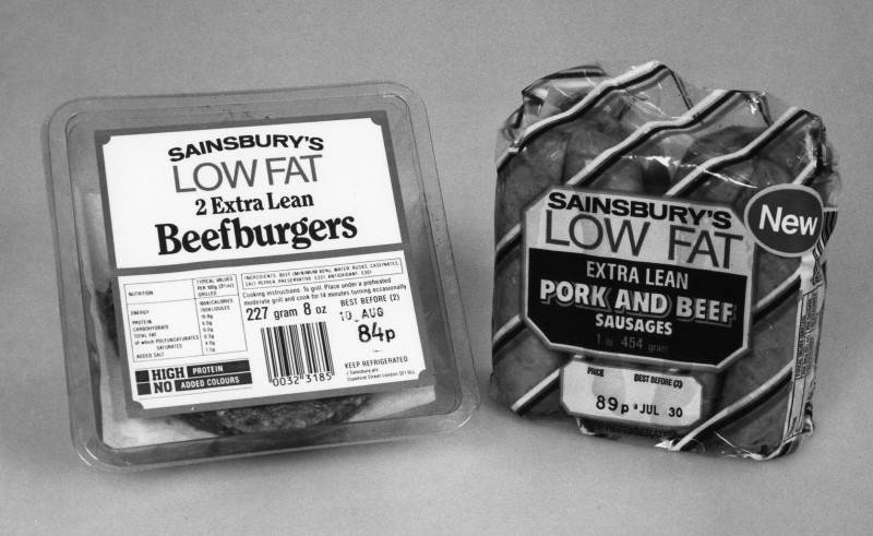 SA/PKC/PRO/1/5/4/2/1 - Photograph of Sainsbury's Low Fat 2 Extra Lean Beefburgers and Sainsbury's Low Fat Extra Lean Pork and Beef Sausages