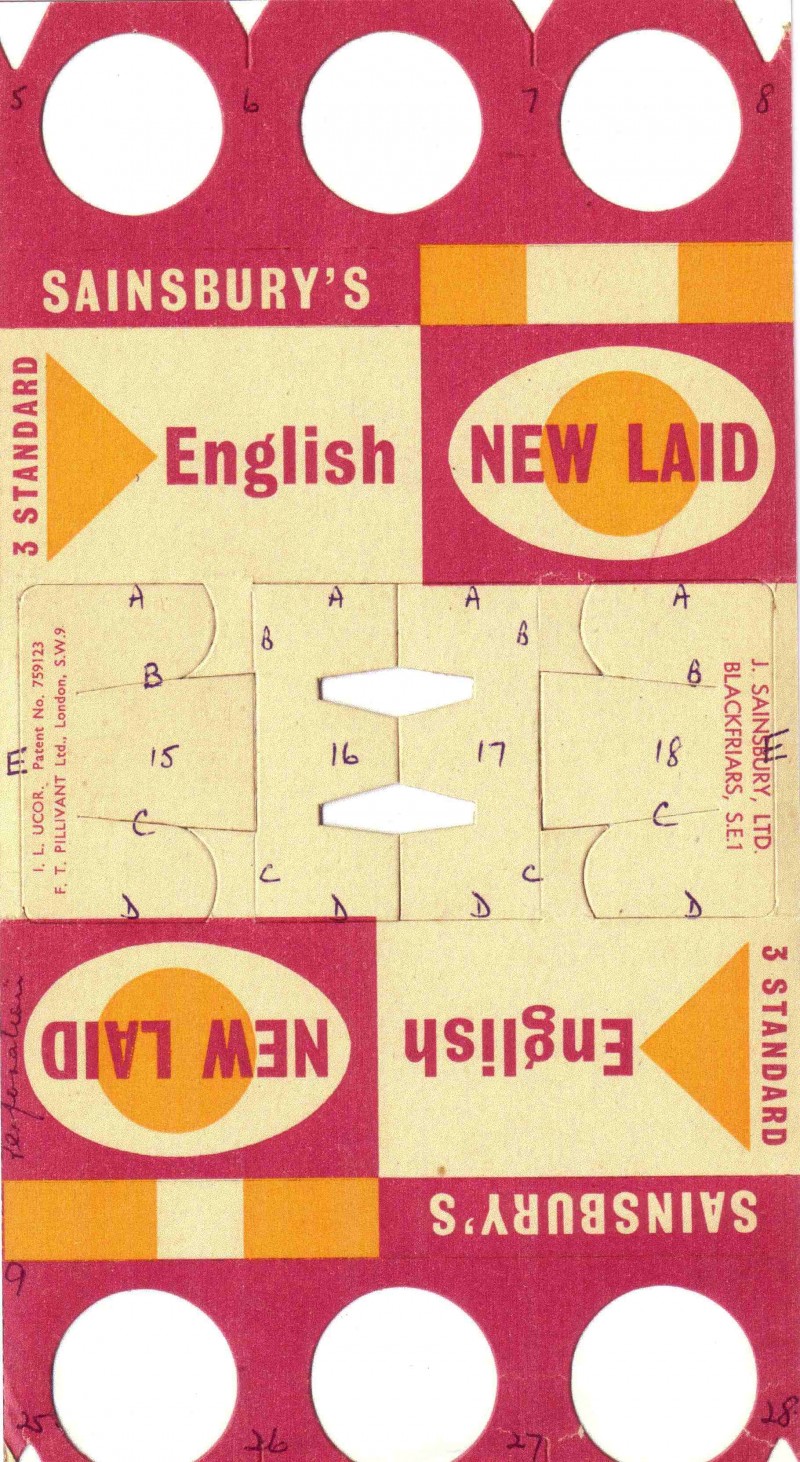 SA/PKC/PRO/1/8/2/3/1 - Sainsbury's English New Laid eggs (3 standard) carton, c. 1956
