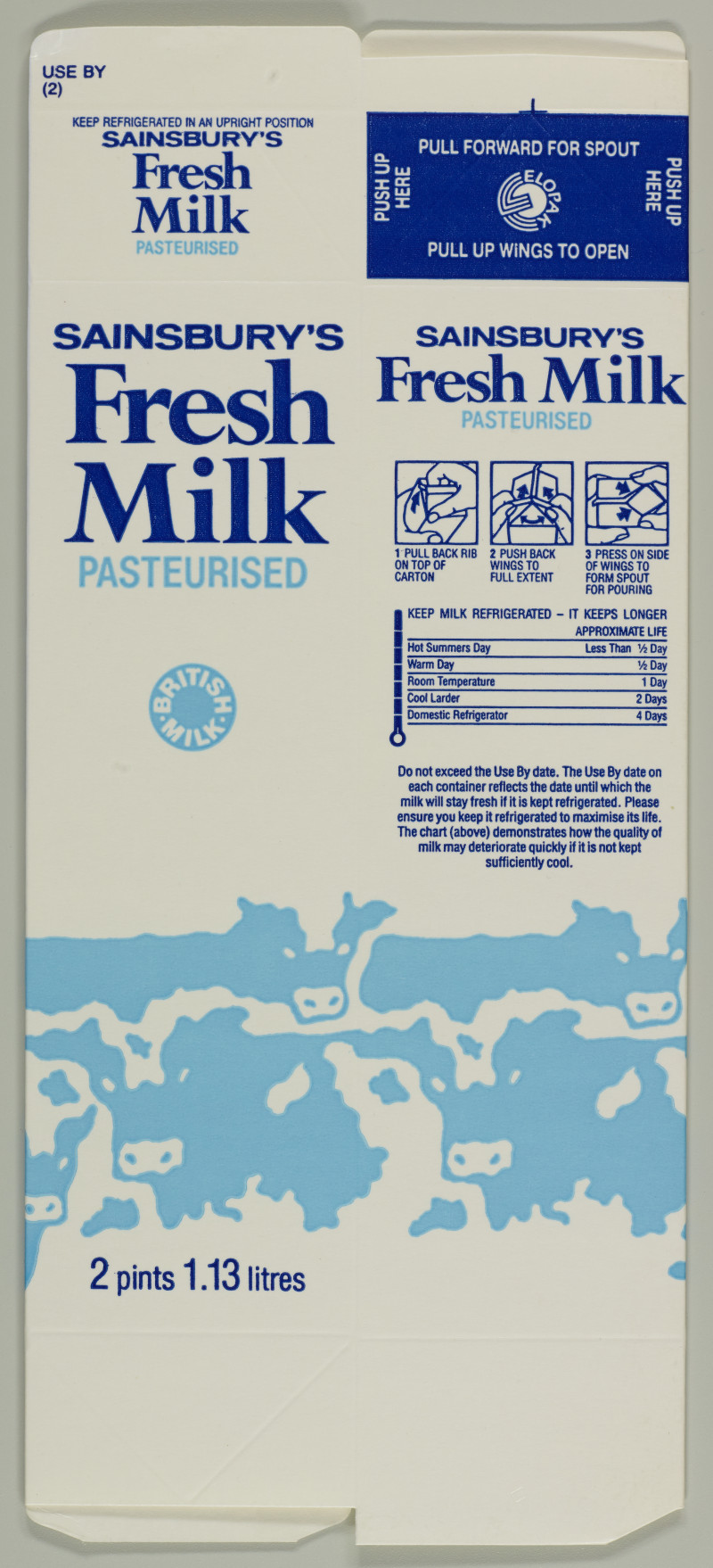 Sainsbury's Fresh Milk Pasteurised (2 pints 1.13 litres) packaging SA