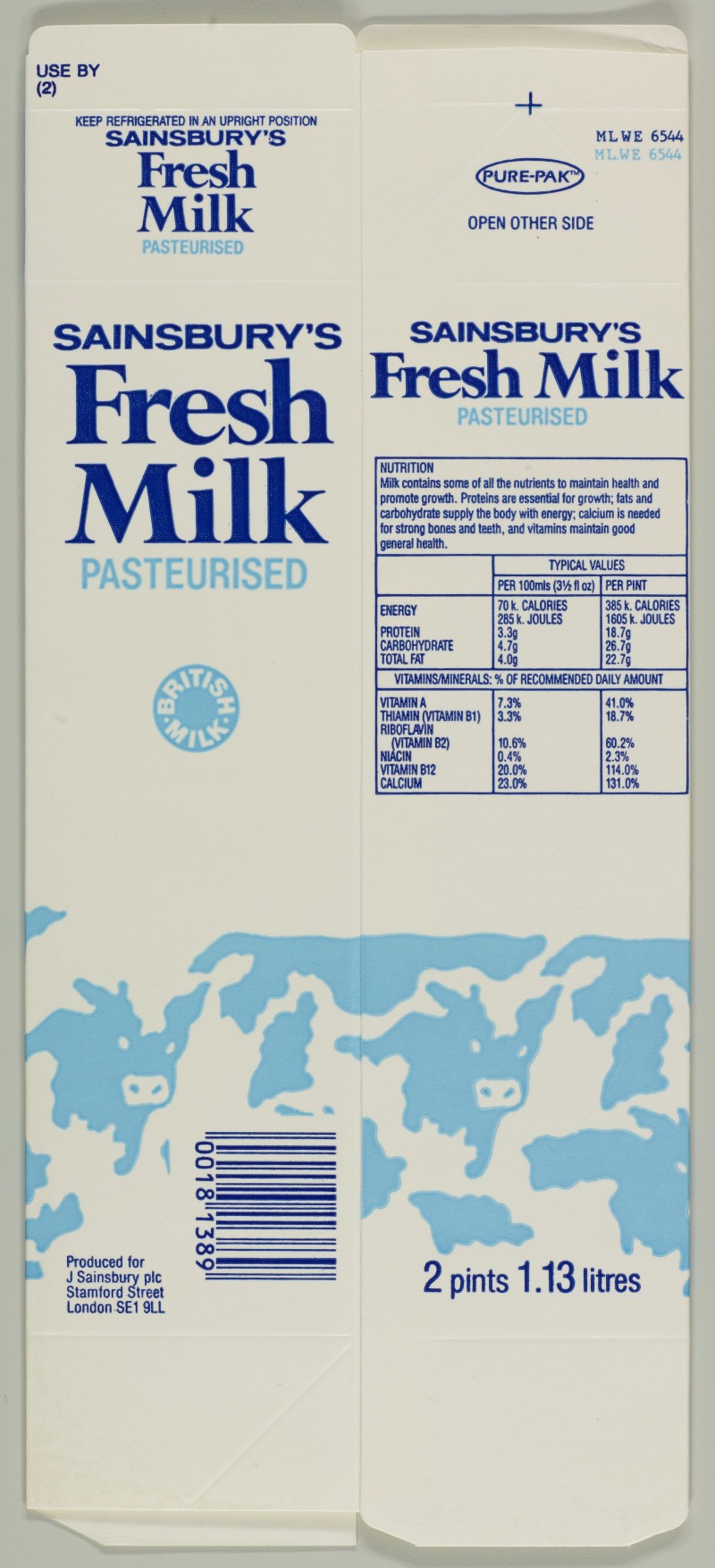 Sainsbury's Fresh Milk Pasteurised (2 pints 1.13 litres) packaging SA